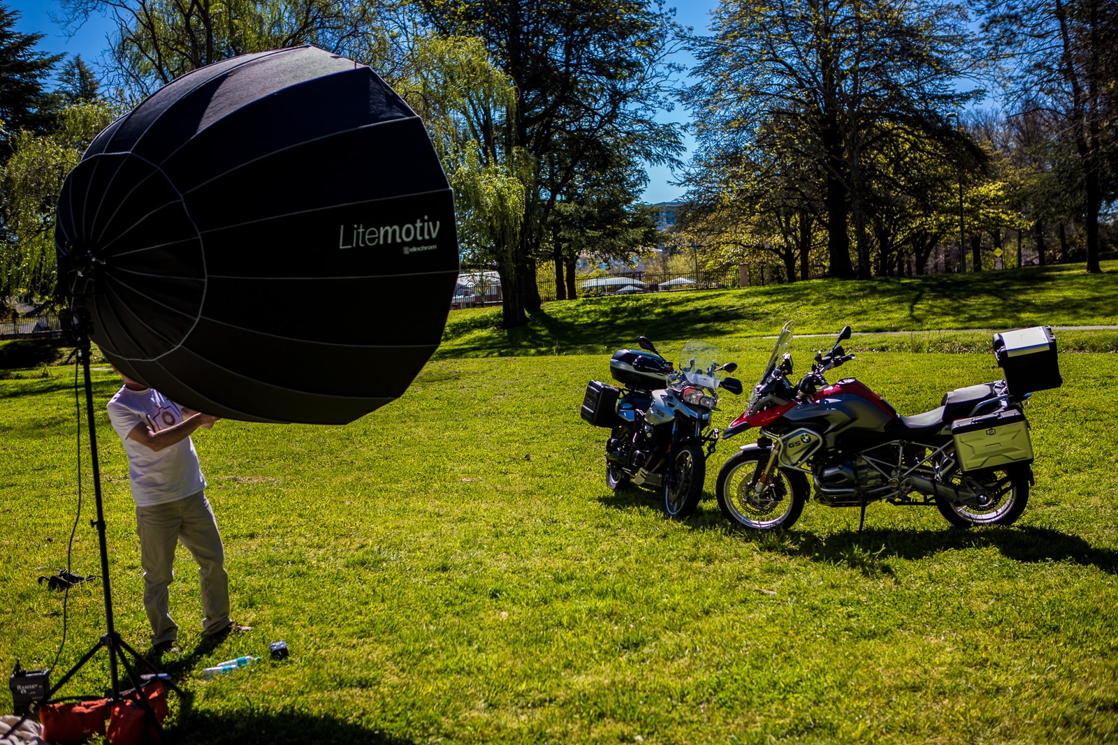 Elinchrom Litemotiv 190cm used to photograph multiple motorbikes in full midday sun.