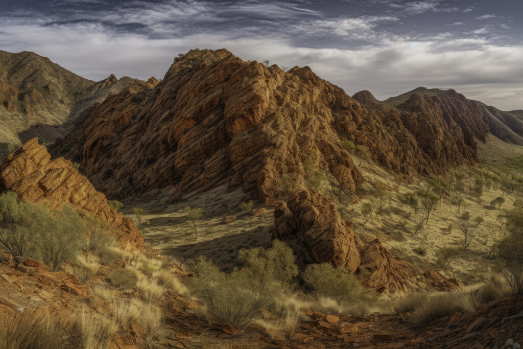 Embark on a visual journey through the MacDonnell Ranges with this impressive panoramic capture. The image presents a captivating interplay of towering peaks, expansive valleys, and the raw wilderness that stretches infinitely. This is more than an outdoor view—it's a celebration of the grandeur of nature, the allure of the mountains, and the untamed beauty of the Australian outback. Let this panorama invite you into the heart of the wild, where the majestic dialogue between peak and valley unfolds in all its glory.