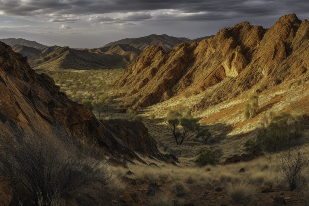 Embark on a visual journey into the heart of the MacDonnell Ranges with this panoramic snapshot. The image brings to life the dramatic canyons, towering mountains, and sweeping valleys, nestled within the vast wilderness. This isn't just a landscape—it's a grand display of nature's theatre, echoing the austere beauty of the Australian outback. Allow this panorama to guide you through the rugged topography, where every crevice and contour contributes to the majestic symphony of the MacDonnell Ranges.