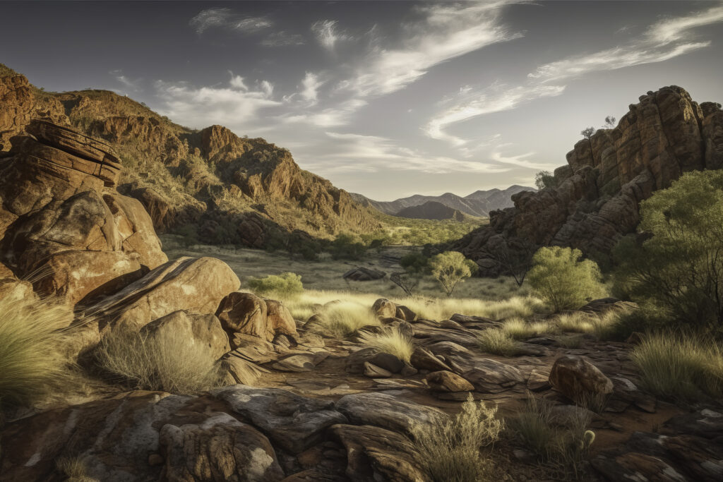 Venture into the heart of the MacDonnell Ranges with this powerful portrayal. The image brings to life the rugged grandeur of the canyon, with towering mountains and sculpted rocks framing the expansive valley. Experience the outdoors in its rawest form, where nature's untouched wilderness weaves a scenic tapestry. From the textured landscapes to the austere beauty of the rocks, this view isn't just scenery—it's a testament to the timeless allure of the Australian wild.