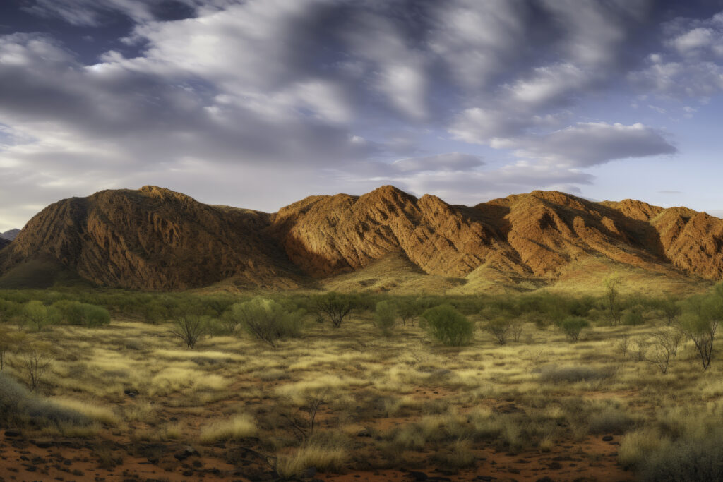 Step into the raw beauty of the MacDonnell Ranges with this captivating visual portrayal. The image presents a stunning panorama of the Australian outback, showcasing the intricate textures of the ground that stretch out into the untamed wilderness. This authentic display of nature, outdoors, and scenery captures the pure essence of the MacDonnell Ranges. The view isn't merely a landscape, it's a testament to the rugged splendor that exists at the heart of the natural world. Come, immerse yourself in the wide-open spaces and unspoiled beauty of the wilderness.