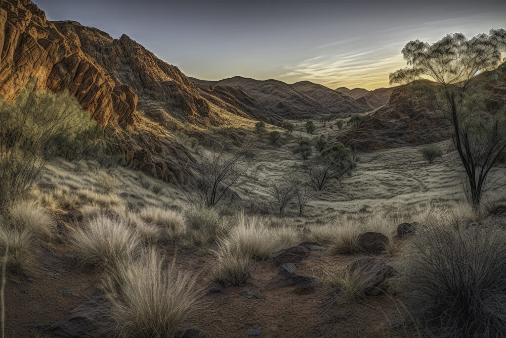Journey into the heart of the MacDonnell Ranges with this panoramic capture. The image presents a richly textured terrain, unfolding into the untamed wilderness under the vast open sky. This outdoor spectacle is more than just a landscape—it's a testimony to the raw grandeur of nature and the enchanting beauty of the Australian outback. Let this sweeping vista transport you into the heart of the wild, immersing you in the serene rhythm of the great outdoors.