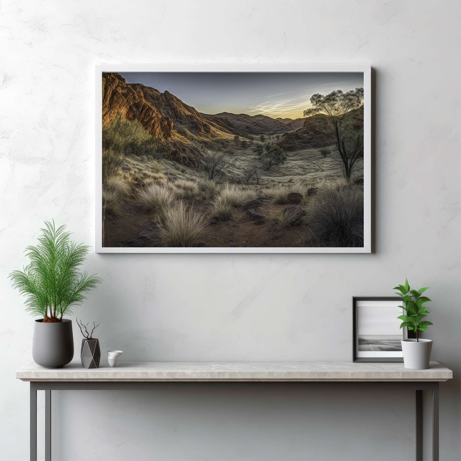 Journey into the heart of the MacDonnell Ranges with this panoramic capture. The image presents a richly textured terrain, unfolding into the untamed wilderness under the vast open sky. This outdoor spectacle is more than just a landscape—it's a testimony to the raw grandeur of nature and the enchanting beauty of the Australian outback. Let this sweeping vista transport you into the heart of the wild, immersing you in the serene rhythm of the great outdoors.