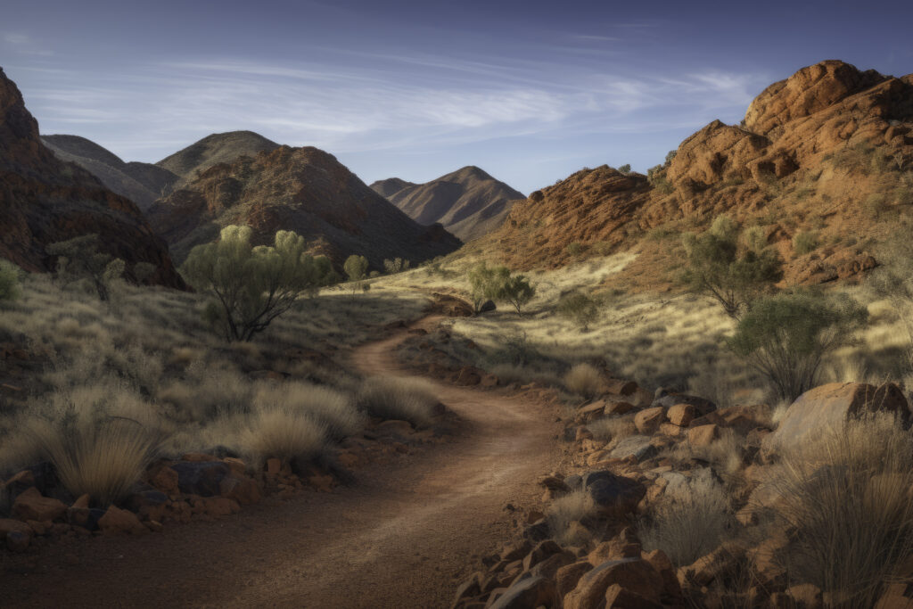 Set out on a visual journey through the MacDonnell Ranges with this compelling panoramic image. The picture captures an intimate perspective of a path as it winds its way through the textured terrain, leading the eye towards the majestic mountains rising from the wilderness. This isn't simply a landscape—it's a narrative of adventure and discovery, inviting you to traverse the captivating beauty of the Australian outback. Let this image guide you along the road less travelled, where the promise of natural splendor awaits.