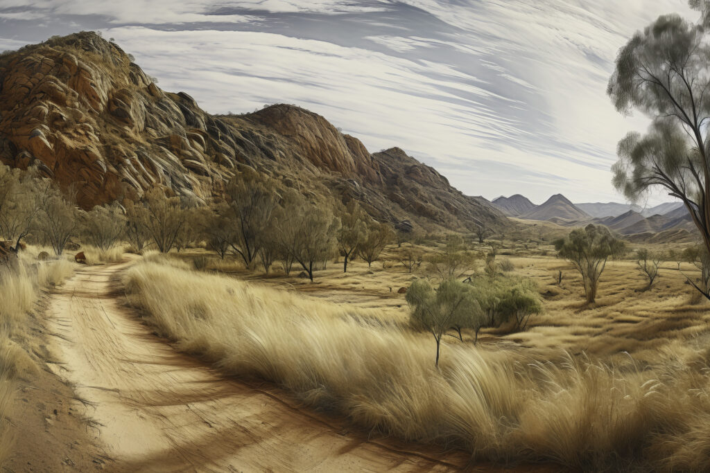Traverse the serene landscapes of the MacDonnell Ranges with this panoramic depiction. The image unfolds a mesmerizing vista where the desert meets the grasslands, guided by a trail that seems to stretch infinitely into the wilderness. This outdoor scene is more than just a view—it's a testament to the raw beauty of nature and the grandeur of the Australian outback. Allow this panorama to inspire you to explore new paths, venturing into the heart of the wild and appreciating the spellbinding simplicity of nature's artistry.