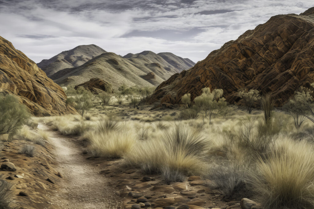 Set off on a visual journey with this panoramic portrayal of the MacDonnell Ranges. The image captures a scenic road as it winds through the heart of the Australian wilderness, offering a unique perspective on the region's rugged beauty. The outdoors have never been more inviting as they are in this landscape, where nature's elements coalesce to create a tableau of striking scenery. This isn't just a view—it's a call to adventure, a beckoning path that leads you into the heart of nature's grand canvas.