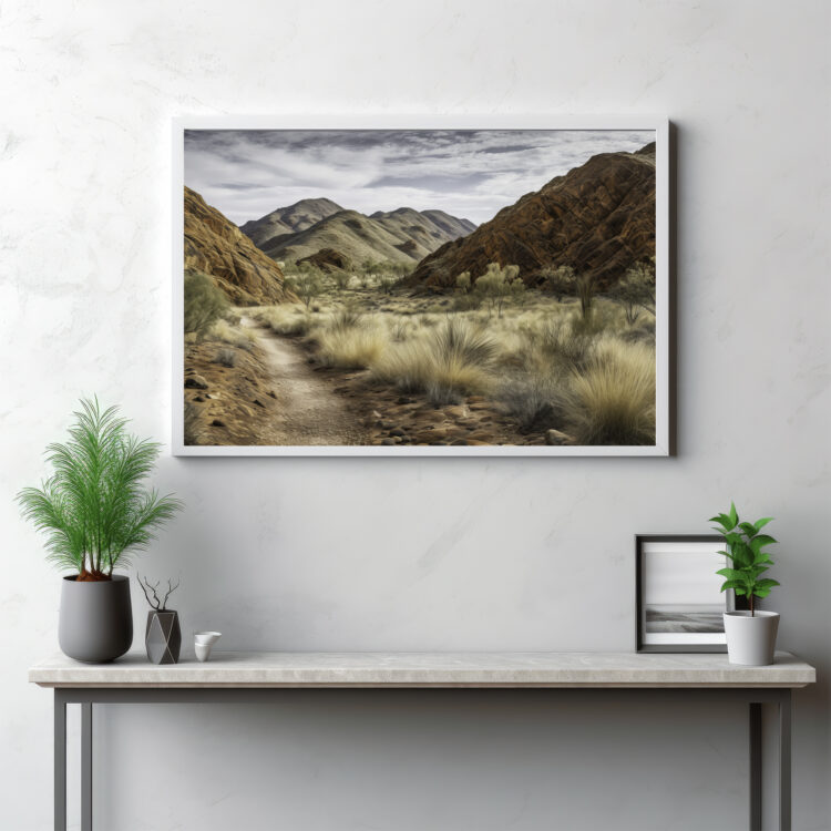 Set off on a visual journey with this panoramic portrayal of the MacDonnell Ranges. The image captures a scenic road as it winds through the heart of the Australian wilderness, offering a unique perspective on the region's rugged beauty. The outdoors have never been more inviting as they are in this landscape, where nature's elements coalesce to create a tableau of striking scenery. This isn't just a view—it's a call to adventure, a beckoning path that leads you into the heart of nature's grand canvas.