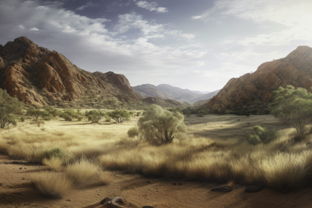 Discover the breathtaking landscapes of the MacDonnell Ranges with this panoramic image. This scene presents a harmonious blend of the textured terrain and the expansive wilderness, under the vast, open sky. It's more than just an outdoor spectacle—it's a testament to the raw, untouched beauty of nature and the splendid solitude of the Australian outback. Let this panoramic capture immerse you in the untamed allure of the wilderness, inspiring a deeper appreciation for the world around us.