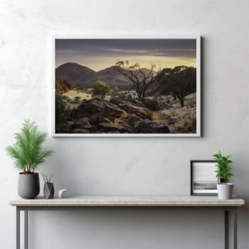 Journey into the heart of the MacDonnell Ranges with this compelling depiction. The image unveils a sweeping panorama of the rugged terrain, from the textured details of the ground to the towering mountain peaks. It showcases the untamed wilderness of the outdoors, inviting viewers into a mesmerizing landscape where nature's grandeur unfolds in every frame. This isn't merely a scenery—it's an invitation to traverse the wild expanse of one of Australia's most iconic ranges.