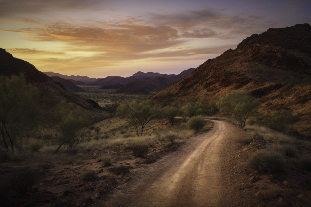 Venture along the scenic roads of the MacDonnell Ranges with this captivating image. The panoramic view unveils a winding path that meanders through the heart of the wilderness, providing a visual narration of nature's untamed beauty. This isn't just a landscape—it's an invitation to take the road less travelled, to step into the outdoors and traverse the breathtaking expanses of Australia's rugged outback. Let this scene inspire you to embark on your own journey into the heart of nature's grandeur.