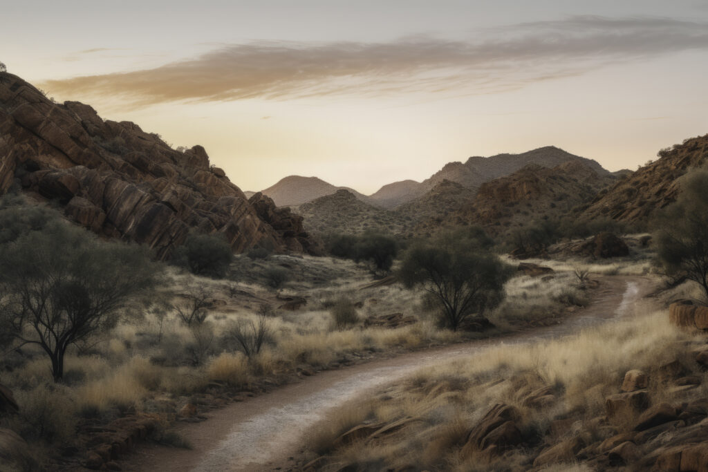 Embark on an unforgettable journey through the MacDonnell Ranges with this evocative image. The panorama frames a path as it carves its way through mountains and valleys, offering a unique perspective of the Australian wilderness. This is more than just an outdoor scene—it's a narrative of exploration and discovery, where every bend in the road unveils a new facet of nature's grandeur. Let this inspiring vista guide you into the heart of the wild, and journey through the awe-inspiring scenery of the MacDonnell Ranges.