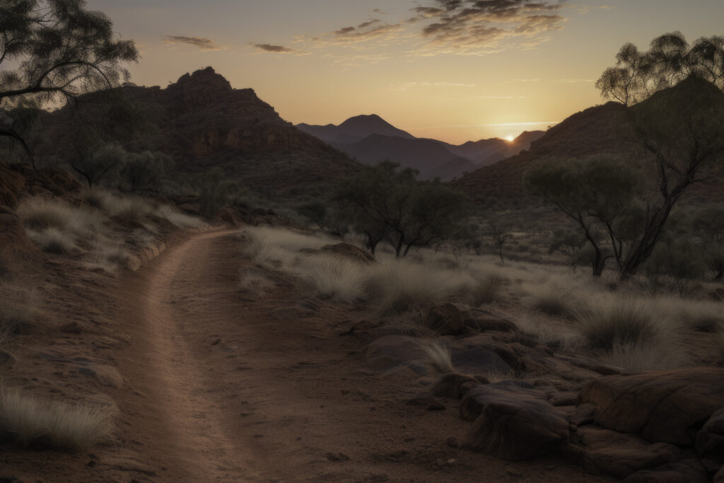 Journey into the stark beauty of the MacDonnell Ranges with this panoramic depiction. The expansive view captures the sweeping desert landscape, showcasing the intricate textures of the ground as it blends seamlessly into the untamed wilderness. The outdoor scene embodies the essence of the Australian outback, where the raw magnificence of nature is on full display. This isn't just a view—it's an intimate immersion into the austere splendour of an iconic desert landscape.