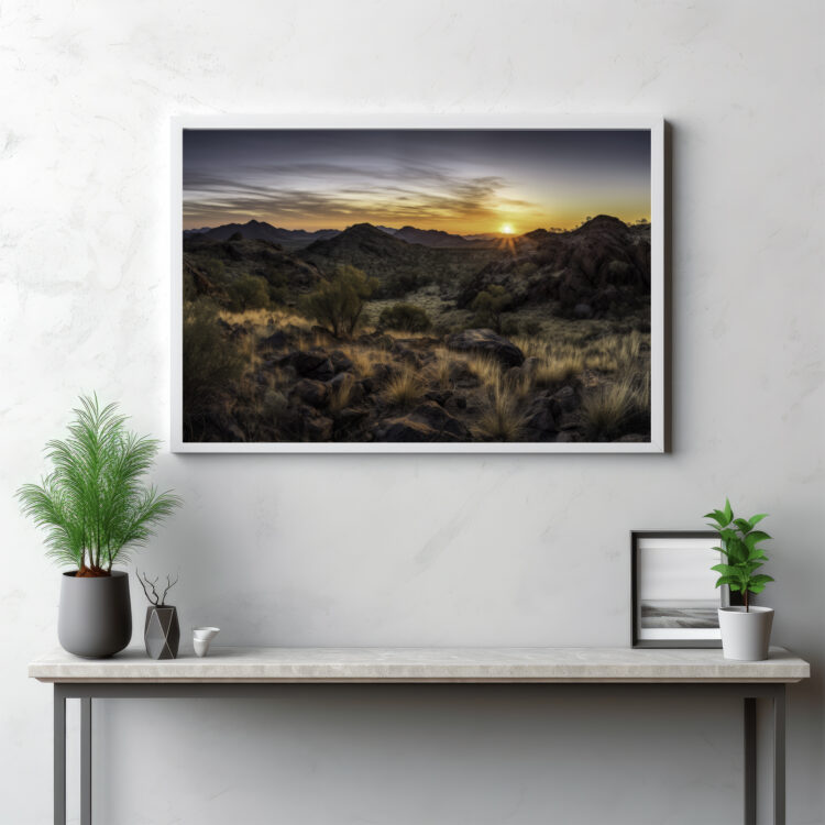 Begin your day with the breathtaking beauty of a sunrise unfolding in this panoramic depiction. This image captures the captivating interplay of light and shadow as the sun ascends over the wilderness, painting the sky with an array of vibrant hues. It's more than just an outdoor scene—it's a visual symphony that sings of nature's grandeur and the timeless beauty of a new day dawning. Let this spectacular view inspire you to appreciate the magic of everyday miracles as they unfold in the heart of the wild.