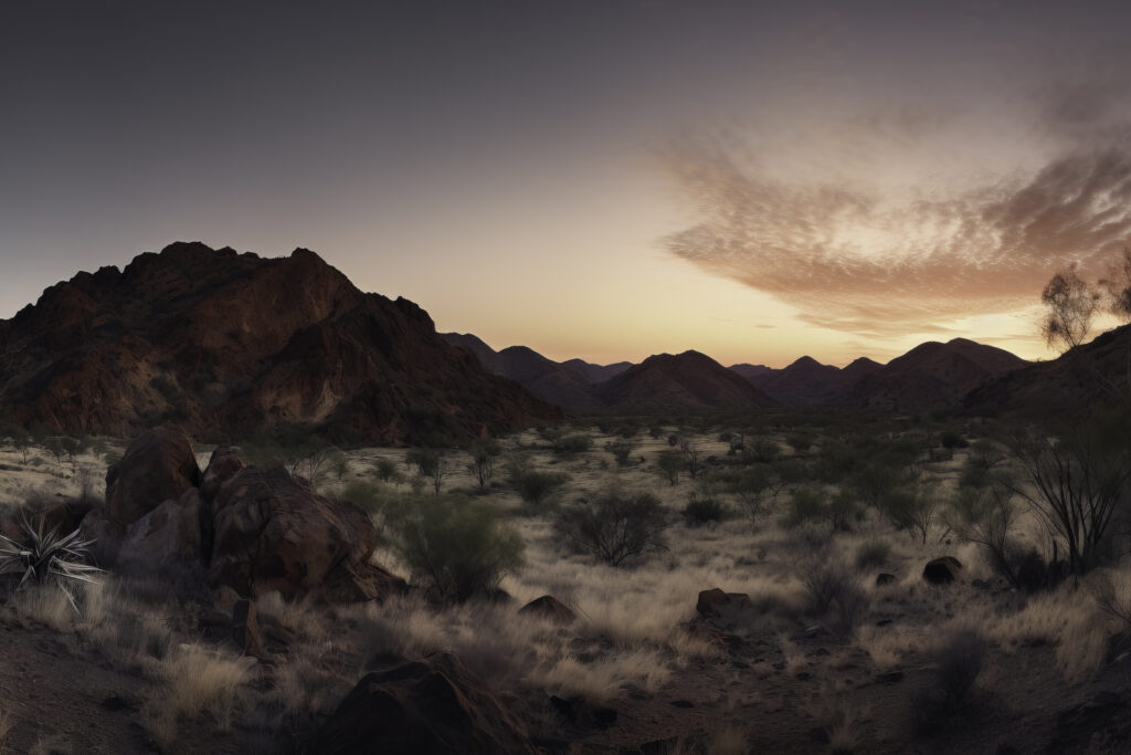 Dive into the untamed wilderness of the MacDonnell Ranges with this powerful depiction. This image captures the sweeping expanses of this rugged landscape, set under the infinite canvas of the sky. The scene is an unfiltered view of nature's raw beauty, from the detailed textures of the ground to the vast outdoor panorama. An undeniably striking scene, this image takes you on a journey through Australia's scenic heart, inviting you to witness the sublime interplay of nature and wilderness. It's not just a landscape—it's a snapshot of the world's wild beauty.
