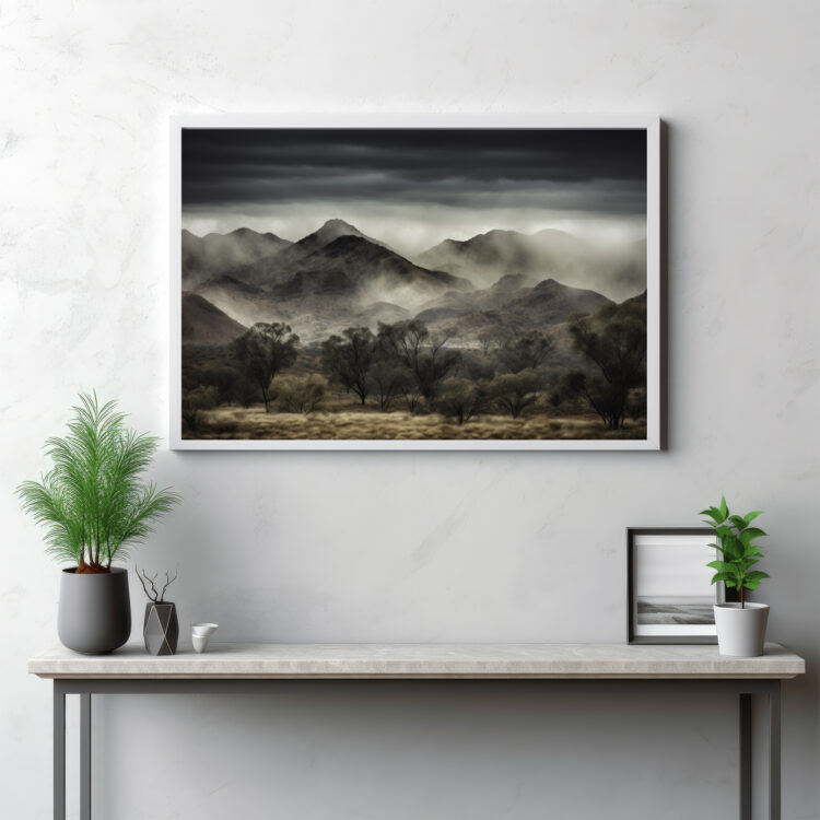 Experience the enchanting beauty of the MacDonnell Ranges shrouded in fog with this mesmerizing depiction. The misty embrace softens the rugged landscape, creating an atmosphere of serene tranquility. The harmonious interplay of weather and nature paints an outdoor scene that is as intriguing as it is beautiful. It's more than a view—it's a moment captured in time, where the Australian wilderness whispers its secrets through the foggy veil.