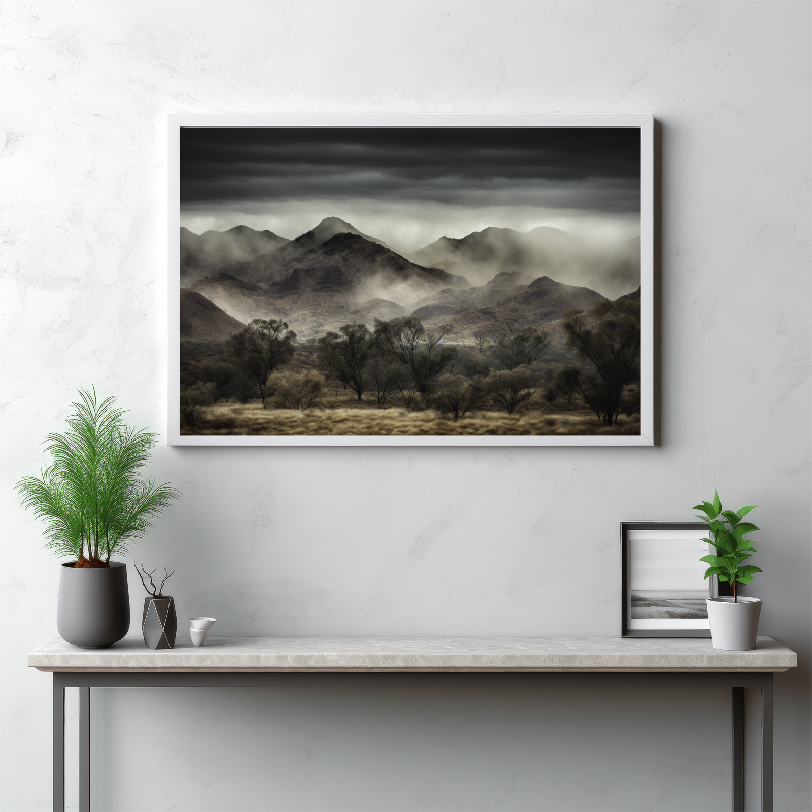 Experience the enchanting beauty of the MacDonnell Ranges shrouded in fog with this mesmerizing depiction. The misty embrace softens the rugged landscape, creating an atmosphere of serene tranquility. The harmonious interplay of weather and nature paints an outdoor scene that is as intriguing as it is beautiful. It's more than a view—it's a moment captured in time, where the Australian wilderness whispers its secrets through the foggy veil.