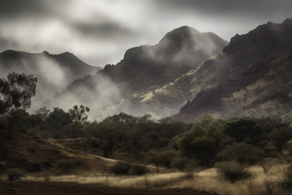 Journey into the heart of Australia with this spectacular image that captures the raw beauty of the MacDonnell Ranges. Behold panoramic views of mountain peaks punctuating the horizon, set against the dramatic backdrop of untamed wilderness. The combination of rugged outdoors, captivating weather patterns, and the expansive landscape paints a breathtaking portrait of nature in its purest form. It's not just a visual spectacle, but an invitation to embrace the majestic beauty that lies in our world's untouched corners.