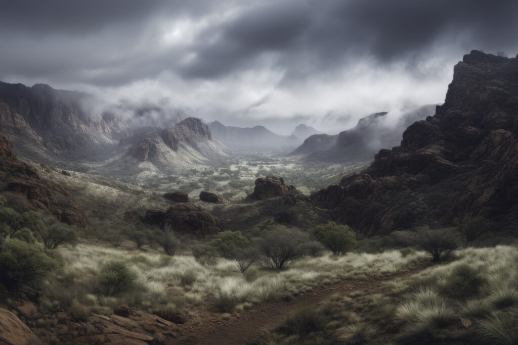 Be captivated by the rugged beauty of wilderness with this striking depiction. This panoramic view showcases the juxtaposition of towering mountains and deep valleys, creating a diverse and compelling landscape. It's a serene testament to the untamed outdoors, where nature's grandeur unfolds in its rawest form. This is more than just a scene—it's an immersion into the natural world that invites you to explore the endless wonders that lie beyond the horizon.