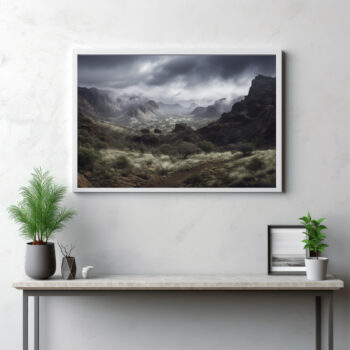 Be captivated by the rugged beauty of wilderness with this striking depiction. This panoramic view showcases the juxtaposition of towering mountains and deep valleys, creating a diverse and compelling landscape. It's a serene testament to the untamed outdoors, where nature's grandeur unfolds in its rawest form. This is more than just a scene—it's an immersion into the natural world that invites you to explore the endless wonders that lie beyond the horizon.
