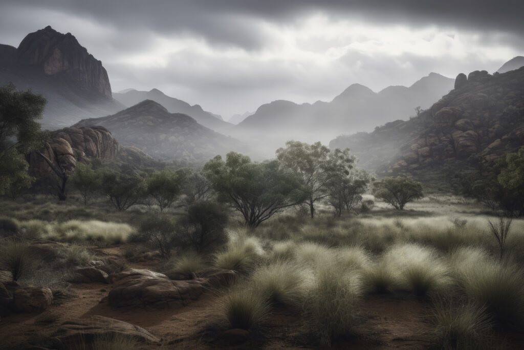 Step into the verdant heart of the MacDonnell Ranges with this captivating image. The panoramic vista unveils an array of lush vegetation under the dramatic backdrop of changing weather. From the flourishing plants to the expansive wilderness, this portrayal invites you into an immersive outdoor experience. It's more than a view—it's a testament to nature's resiliency and beauty, where every detail paints a vibrant stroke in the landscape's scenic symphony. It's an invitation to embrace the wild wonders of the Australian outback.