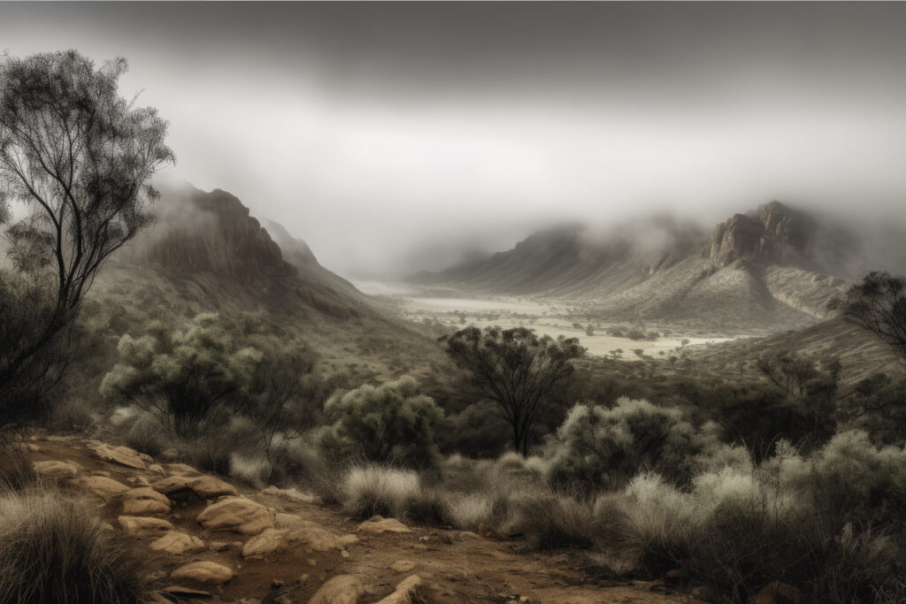 Experience the dramatic panorama of the MacDonnell Ranges with this captivating depiction. The image reveals the changing moods of the weather across the expanse of this untamed wilderness, offering an awe-inspiring look at the landscapes that lie under the Australian sky. The outdoors are transformed into a stage where nature's grandeur is on full display. This isn't merely a view—it's a moving narrative of nature's resilience and beauty, painting a stunning portrait of the Australian outback.