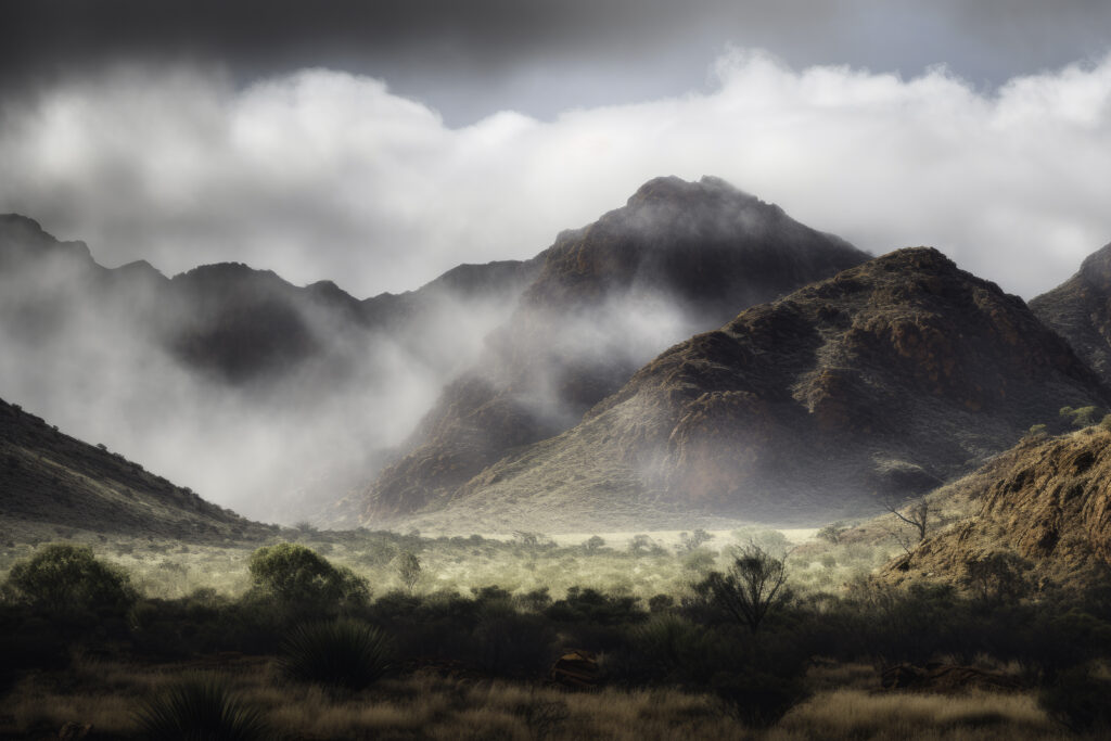 Step into the enigmatic realm of the MacDonnell Ranges, as captured in this atmospheric image. The grandeur of the mountain range, with its jagged peaks piercing through a serene blanket of fog, creates an ethereal spectacle. The weather enhances the scene's mystique, transforming the panoramic landscape into a whispering narrative of the wilderness. This is not just a view, but an immersive journey into the heart of nature's grandeur, mystically veiled in mist.
