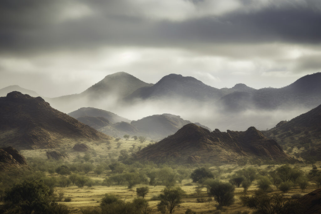Experience the rugged beauty of the MacDonnell Ranges with this striking depiction. The scene showcases the panoramic splendor of jagged mountain peaks reaching for the sky, framed by a dramatic weather backdrop. This image captures the unspoiled wilderness in its raw state, drawing you into the heart of the outdoors. From the intricate mountain range to the expansive landscape, this image is a testament to nature's awe-inspiring grandeur and scenic splendor. It's more than a view—it's an adventure into the wild.