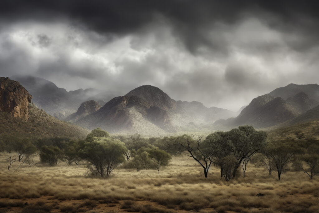 Step into the serene beauty of the MacDonnell Ranges as depicted in this captivating image. It presents a panorama of the vast grasslands, stretching into the endless horizon under the wide open sky. Experience the harmonious blend of ground and weather, shaping a breathtaking landscape that perfectly encapsulates the heart of the Australian outback. This isn't just an outdoor scene, it's a piece of nature's grand tapestry, painted in vibrant shades of life. It's more than a view—it's an invitation to immerse yourself in the tranquility of the natural world.