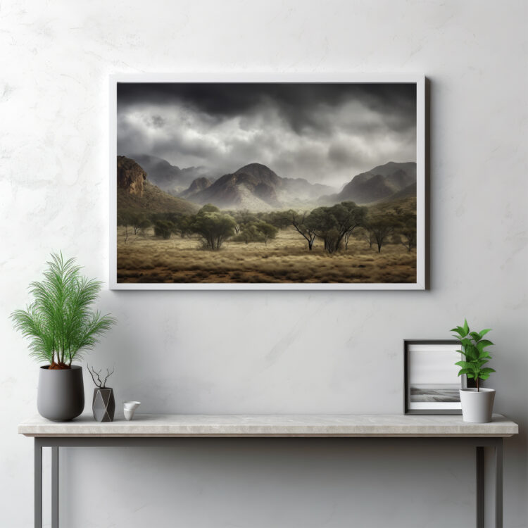 Step into the serene beauty of the MacDonnell Ranges as depicted in this captivating image. It presents a panorama of the vast grasslands, stretching into the endless horizon under the wide open sky. Experience the harmonious blend of ground and weather, shaping a breathtaking landscape that perfectly encapsulates the heart of the Australian outback. This isn't just an outdoor scene, it's a piece of nature's grand tapestry, painted in vibrant shades of life. It's more than a view—it's an invitation to immerse yourself in the tranquility of the natural world.