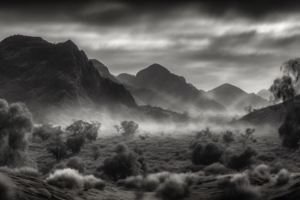 Immerse yourself in the ethereal beauty of the MacDonnell Ranges with this mesmerizing image. Capturing the landscape shrouded in a delicate mist, the scene brings forth an enchanting interplay between weather and nature. The outdoors, under a hushed foggy embrace, transforms into a dreamlike panorama that stirs the imagination. It's more than a view—it's a moment of serene tranquility, where the Australian wilderness whispers its timeless tales through a foggy veil.