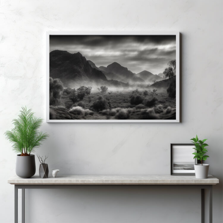 Immerse yourself in the ethereal beauty of the MacDonnell Ranges with this mesmerizing image. Capturing the landscape shrouded in a delicate mist, the scene brings forth an enchanting interplay between weather and nature. The outdoors, under a hushed foggy embrace, transforms into a dreamlike panorama that stirs the imagination. It's more than a view—it's a moment of serene tranquility, where the Australian wilderness whispers its timeless tales through a foggy veil.
