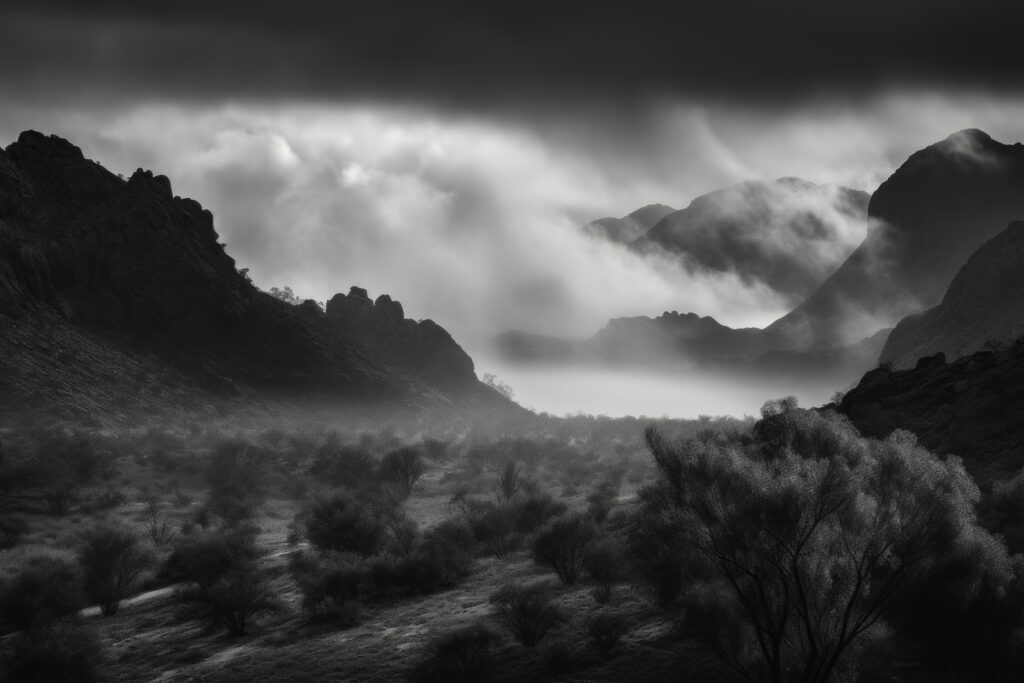 Experience the MacDonnell Ranges like never before with this evocative depiction. This image captures the enchanting aura of a foggy morning, as a shroud of mist gently cloaks the landscape. The ethereal interplay between nature and weather creates a dreamlike scenery, turning the outdoors into a canvas of mystery and tranquility. It's more than a view—it's an immersive journey into the heart of the Australian wilderness, offering a poetic symphony of sight that dances between reality and illusion.