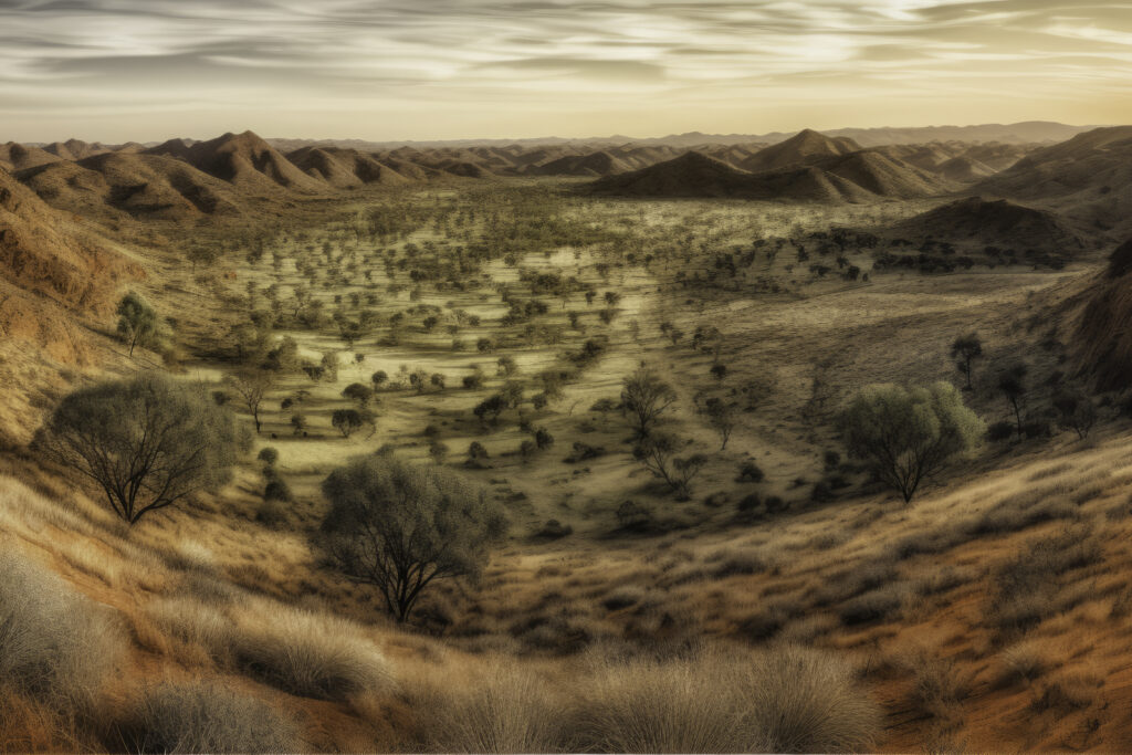 Traverse the undisturbed beauty of the MacDonnell Ranges with this panoramic image. The picture eloquently showcases the raw, textured terrain juxtaposed against the boundless wilderness, under the vast, open sky. This is not merely an outdoor scene—it's a mesmerizing testament to the unspoiled splendor of nature, echoing the serene whispers of the Australian outback. Allow this panorama to immerse you in the rustic harmony of land and sky, encapsulating the wild tranquility that defines the MacDonnell Ranges.