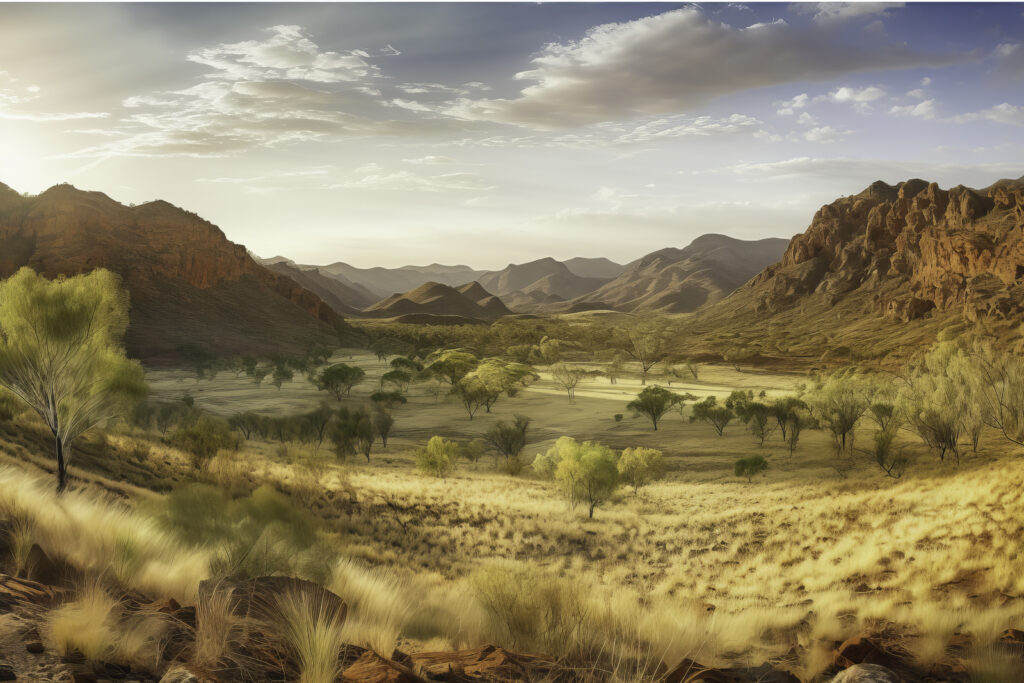 Embrace the untamed beauty of the MacDonnell Ranges with this captivating visual portrayal. The panoramic view unfurls the extensive wilderness, painting a landscape where the intricate details of the ground seamlessly blend with the outdoors' untouched grandeur. It is a testament to the raw allure of nature and the scenic wonders of the MacDonnell Ranges. This isn't merely a view—it's an exploration of the vast expanses where the spirit of the Australian wilderness comes alive.