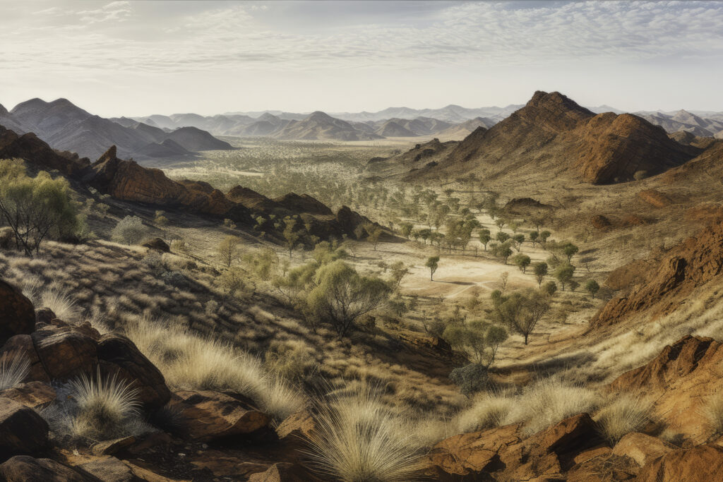 Immerse yourself in the rugged beauty of the MacDonnell Ranges with this panoramic depiction. The image paints a vivid picture of undulating mountains and expansive valleys set against the backdrop of a vast wilderness. This is more than an outdoor landscape—it's a journey into the untamed heart of the Australian outback. Let this panorama transport you into the sweeping valley vistas, where the mountains hold stories and the wilderness sings songs of the unyielding MacDonnell Ranges.