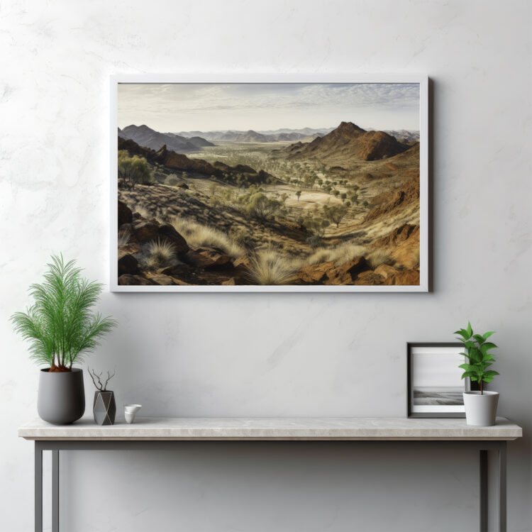 Immerse yourself in the rugged beauty of the MacDonnell Ranges with this panoramic depiction. The image paints a vivid picture of undulating mountains and expansive valleys set against the backdrop of a vast wilderness. This is more than an outdoor landscape—it's a journey into the untamed heart of the Australian outback. Let this panorama transport you into the sweeping valley vistas, where the mountains hold stories and the wilderness sings songs of the unyielding MacDonnell Ranges.