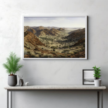 Delve into the visual narrative of the MacDonnell Ranges with this striking panoramic depiction. The image seamlessly interweaves the majestic mountains, the expansive valleys, and the raw wilderness into a harmonious composition. This outdoor scene is more than just a view—it's an ode to the grandeur of nature and the captivating beauty of the Australian outback. Allow this panorama to transport you into the heart of the wild, where the dialogue between mountain and valley unfolds the story of the natural world.