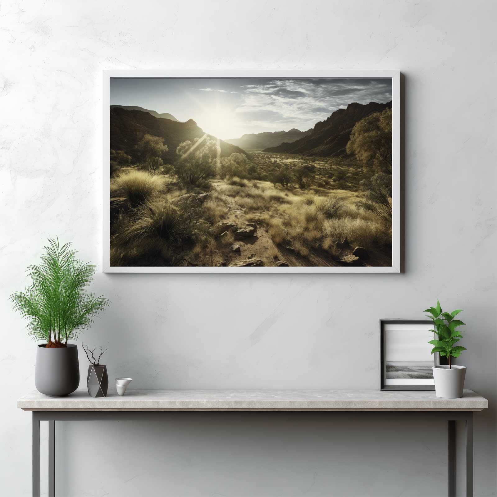 Step into the enchanting realm of the MacDonnell Ranges with this panoramic image. It gracefully captures the lush vegetation illuminated by the radiant sunlight against the backdrop of the boundless wilderness. This isn't just an outdoor view—it's a vibrant, sun-kissed portrayal of the Australian outback. Let this panorama draw you into the world of the MacDonnell Ranges, where nature thrives in its full glory, revealing the harmony between sun, earth, and the flourishing vegetation.