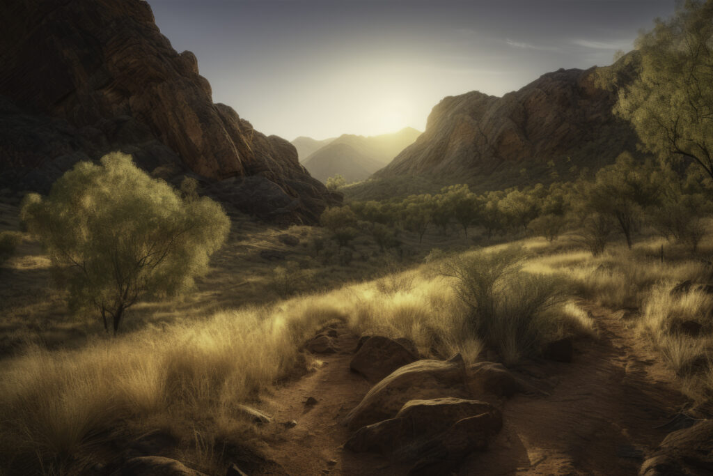 Step into the radiant landscapes of the MacDonnell Ranges with this sunlit panoramic view. The image captures the gentle sunlight casting its warm hues across the vast wilderness, bringing to life the vibrant scenery. This is more than an outdoor shot—it's a vivid tableau of nature's splendor, showcasing the breathtaking allure of the Australian outback under the illuminating rays of the sun. Let this panorama transport you to the MacDonnell Ranges, where the wilderness is bathed in a soft, inviting glow, offering an experience that is both calming and invigorating.