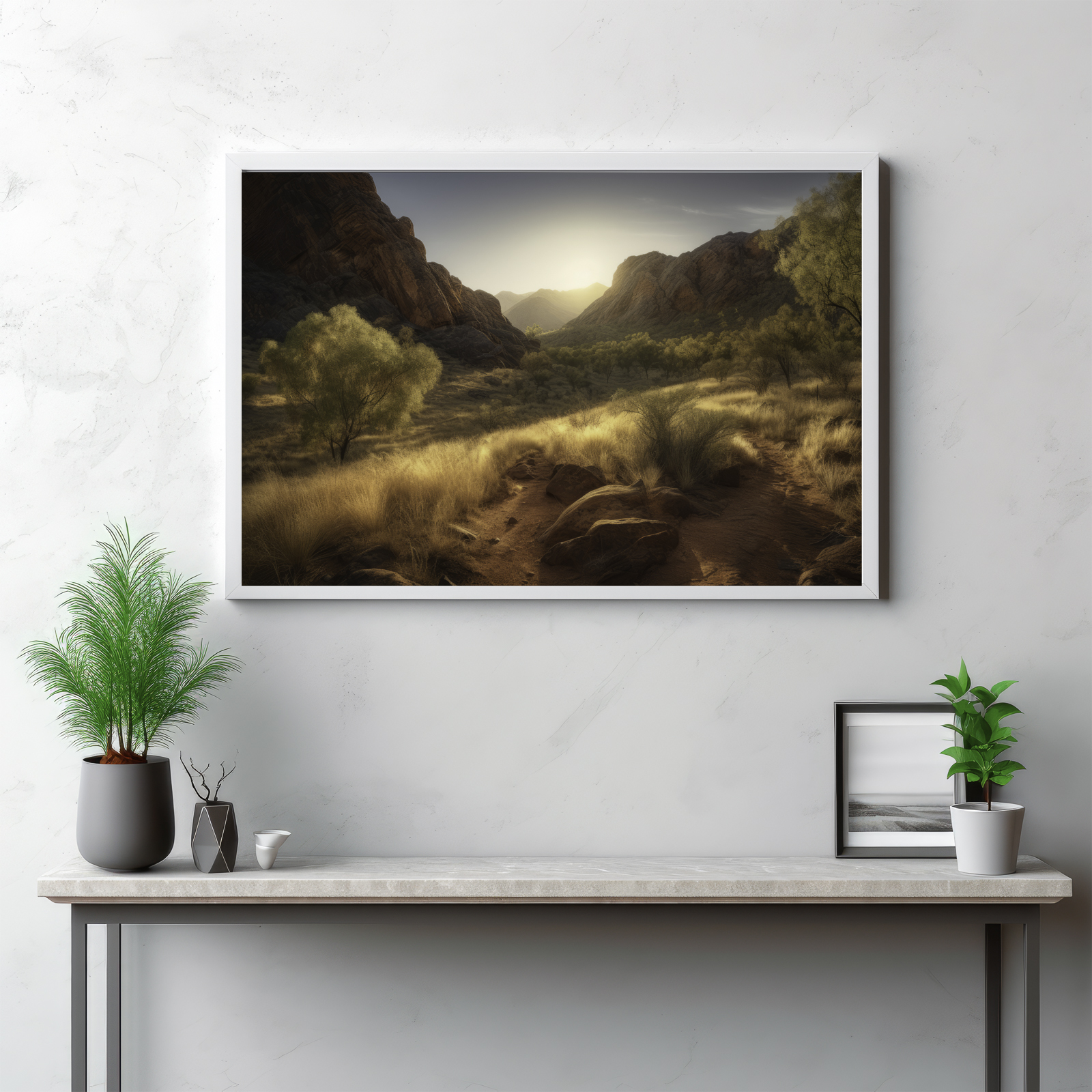 Step into the radiant landscapes of the MacDonnell Ranges with this sunlit panoramic view. The image captures the gentle sunlight casting its warm hues across the vast wilderness, bringing to life the vibrant scenery. This is more than an outdoor shot—it's a vivid tableau of nature's splendor, showcasing the breathtaking allure of the Australian outback under the illuminating rays of the sun. Let this panorama transport you to the MacDonnell Ranges, where the wilderness is bathed in a soft, inviting glow, offering an experience that is both calming and invigorating.