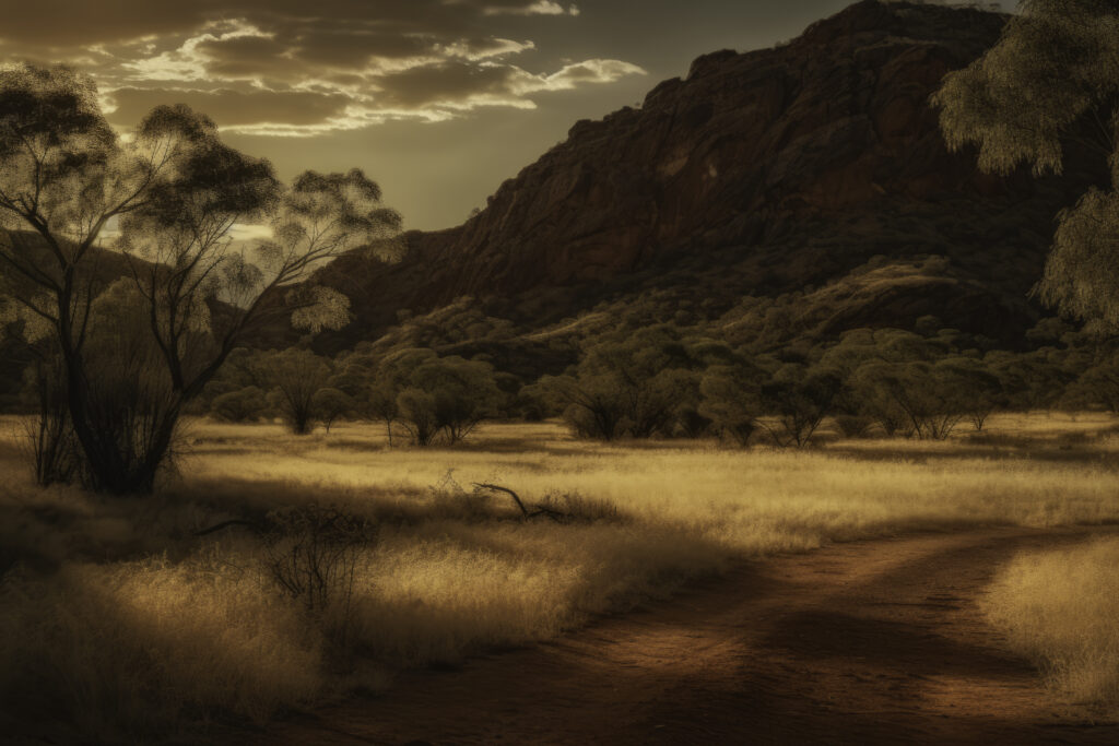 Step into the tranquil expanse of the MacDonnell Ranges with this alluring depiction. The image provides a panoramic view of the grasslands, unveiling a serene landscape where the earth meets the sky in a harmonious embrace. From the textured detail of the ground to the wide-open wilderness, it's a masterful portrayal of the outdoors that invites you to wander into the heart of Australia's natural splendour. This isn't just scenery—it's an intimate exploration of the poetic beauty inherent in nature's simplicity.