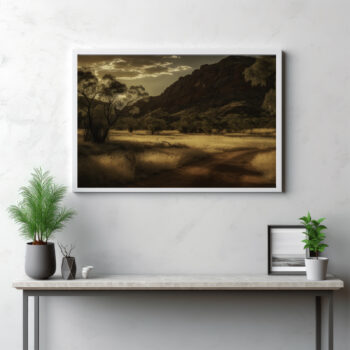 Step into the tranquil expanse of the MacDonnell Ranges with this alluring depiction. The image provides a panoramic view of the grasslands, unveiling a serene landscape where the earth meets the sky in a harmonious embrace. From the textured detail of the ground to the wide-open wilderness, it's a masterful portrayal of the outdoors that invites you to wander into the heart of Australia's natural splendour. This isn't just scenery—it's an intimate exploration of the poetic beauty inherent in nature's simplicity.
