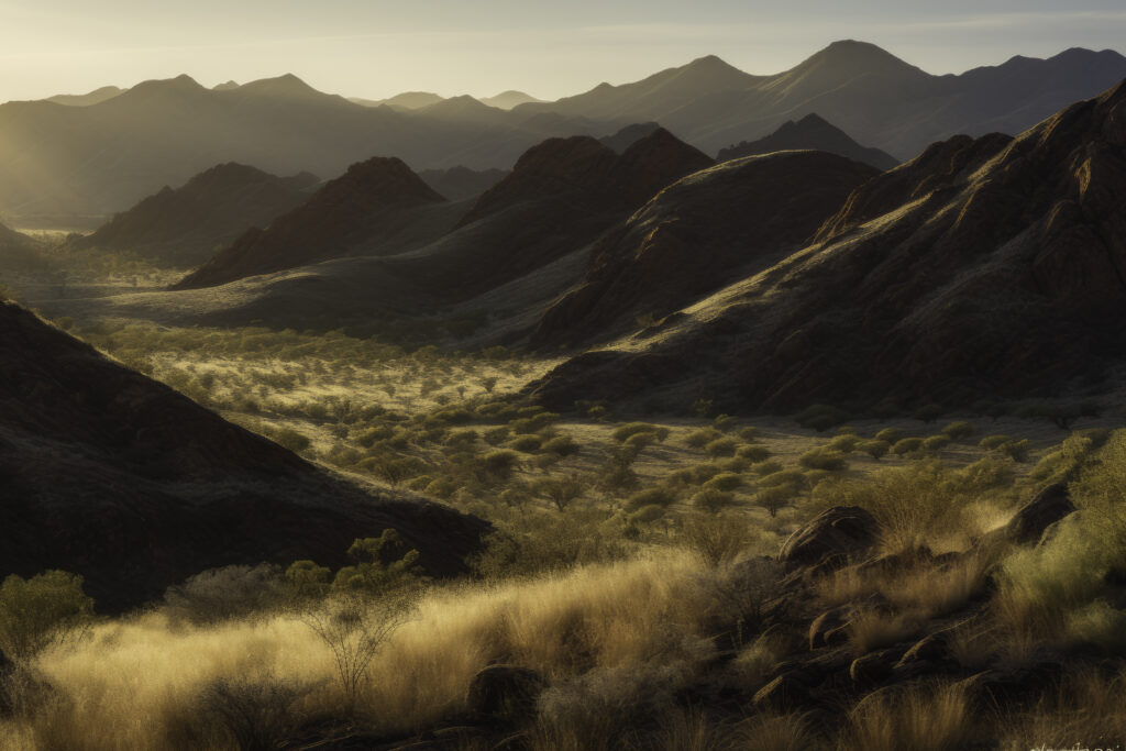 Dive into the grandeur of the MacDonnell Ranges with this panoramic snapshot. The image brings to life the dramatic peaks and mountain ranges rising from the rugged wilderness, under the sprawling outback sky. This is not just a landscape—it's a testament to the raw beauty of nature and the wild charm of the Australian outdoors. Let this panoramic view mesmerize you with its depiction of the mountain's majesty, inviting you on a journey through the breathtaking wilderness of the MacDonnell Ranges.