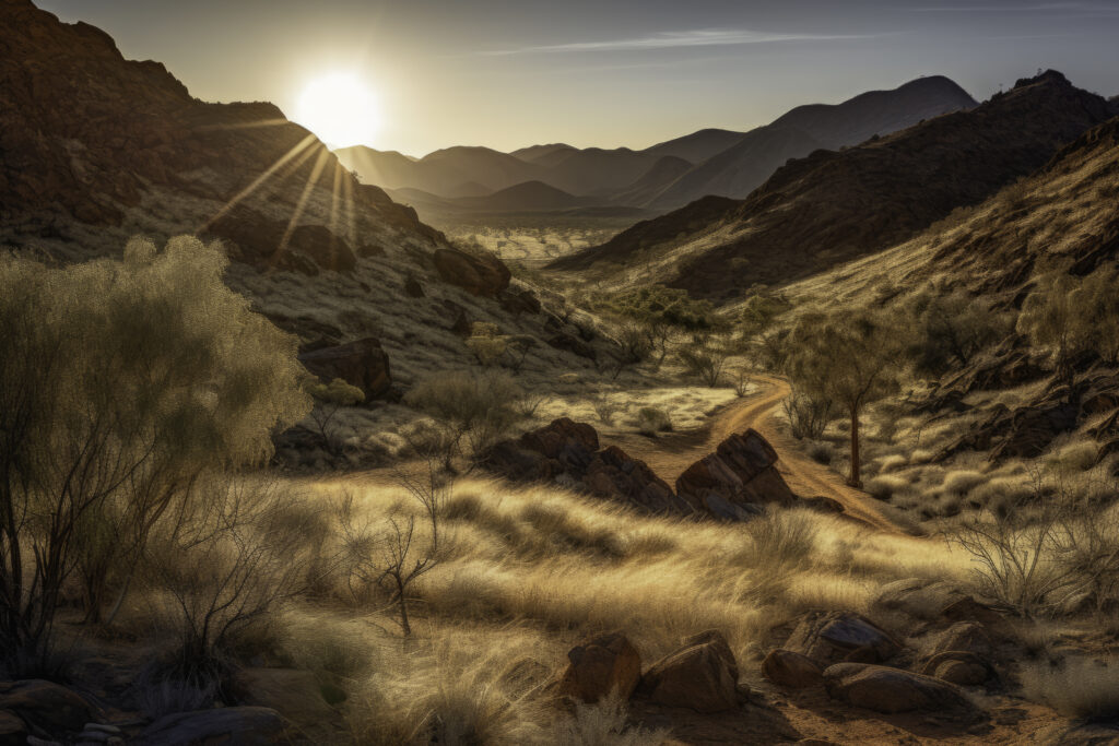 Experience the captivating charm of the MacDonnell Ranges with this panoramic image bathed in soft sunlight. The scene captures the delicate interplay of light and shadow across the expansive wilderness, presenting a picture that's both vibrant and soothing. This is not merely an outdoor view—it's a serene rendezvous with nature, showcasing the timeless allure of the Australian outback under the gentle glow of the sun. Let this panorama take you on a visual sojourn, where the sunlit serenity of the MacDonnell Ranges comes alive.