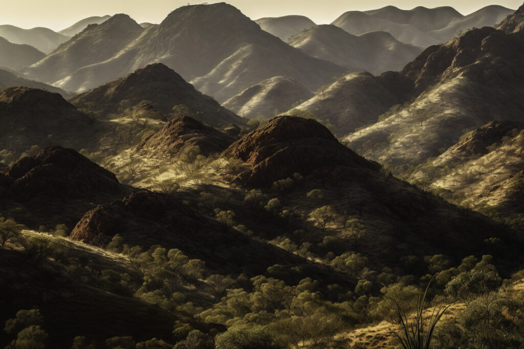 Ascend into the ethereal beauty of the MacDonnell Ranges with this panoramic depiction. The image showcases towering peaks and mountain ranges, punctuated by lush vegetation and set against the infinite wilderness. This isn't merely an outdoor view—it's a visual symphony of nature's grandeur, displaying the formidable allure of the mountains and the quiet strength of the Australian outback. Allow this image to transport you to new heights, where the grand spectacle of nature unfolds in all its glory.